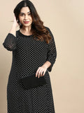Women's Black Polka Dots Printed Round Neck Embellished A-Line Maxi Dress