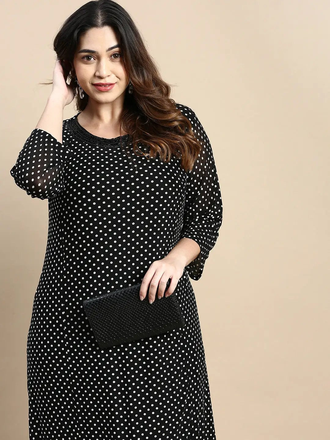 Women's Black Polka Dots Printed Round Neck Embellished A-Line Maxi Dress