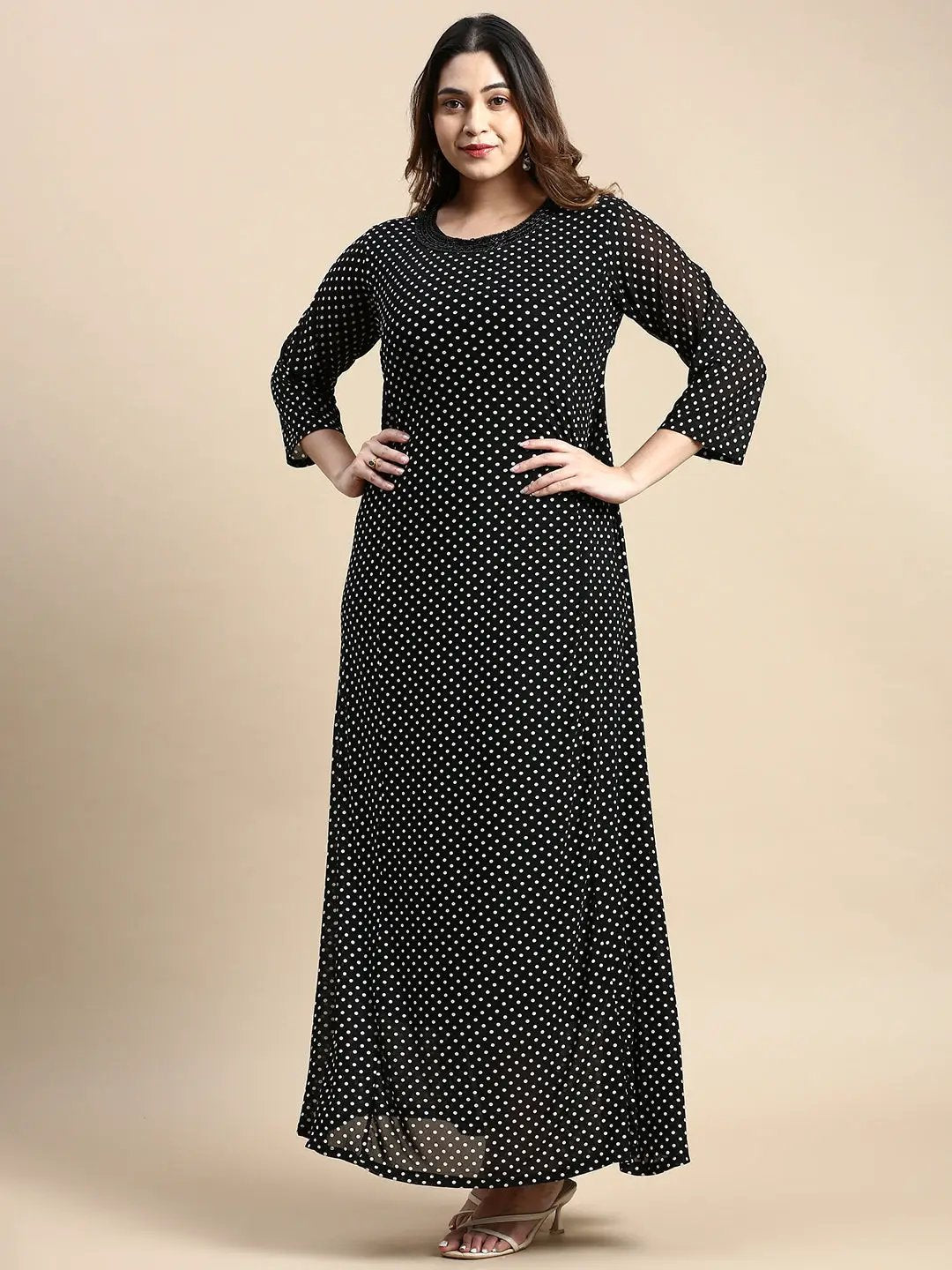 Women's Black Polka Dots Printed Round Neck Embellished A-Line Maxi Dress