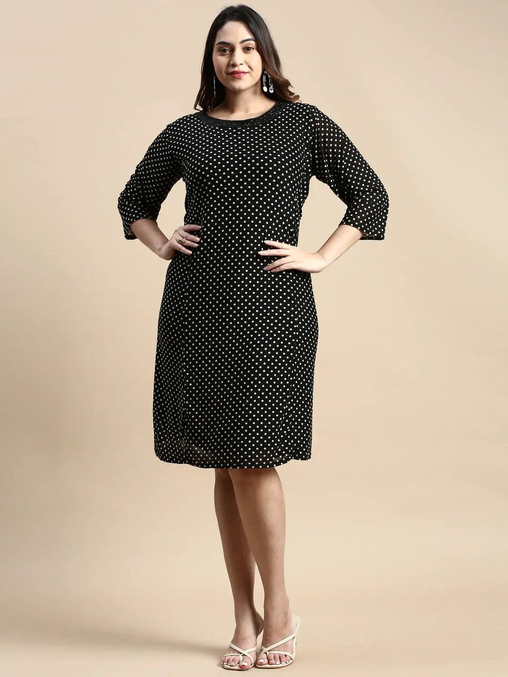 Women's Black Polka Dot Printed A-Line Dress