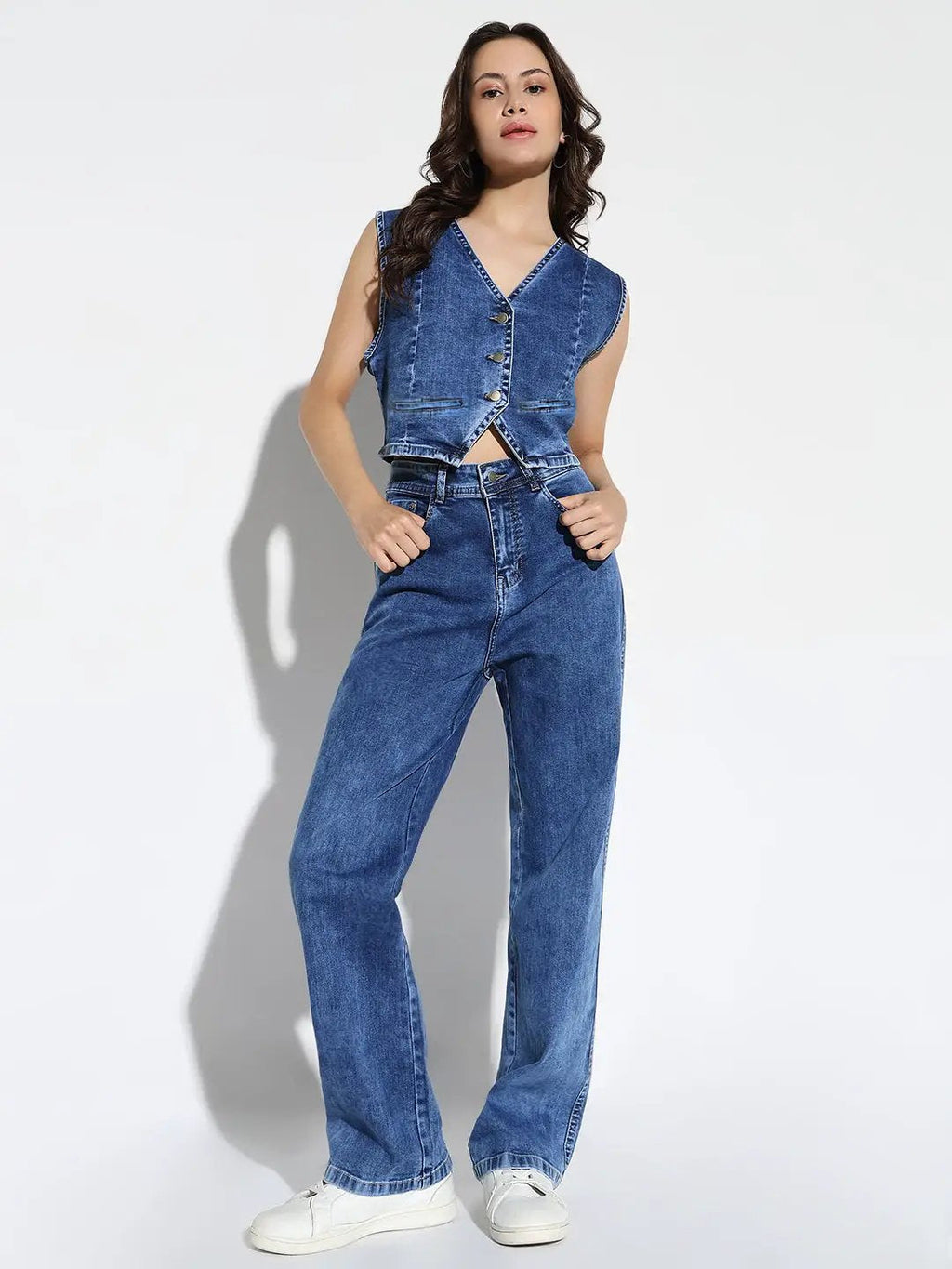 Women's Denim Blue Sleeveless Solid Co-Ords Set