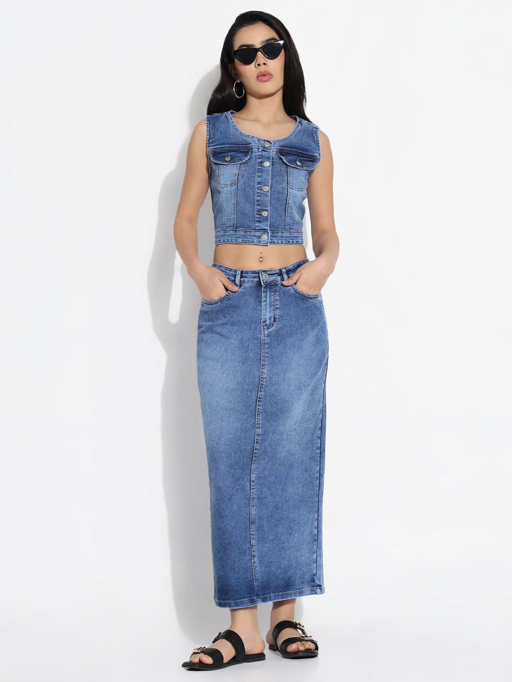 Women's Blue Solid Top with Skirt Co-ords Set