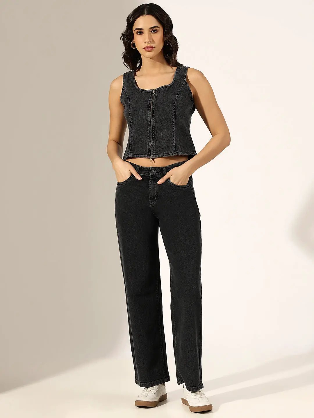 Women's Charcoal Denim Zip-Front Top & Jeans Co-Ord Set