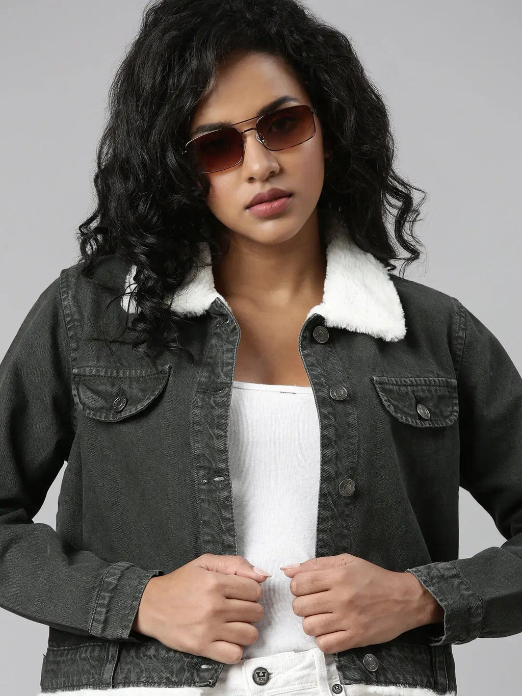Women's Olive Crop Denim Jacket With Faux Fur Trim
