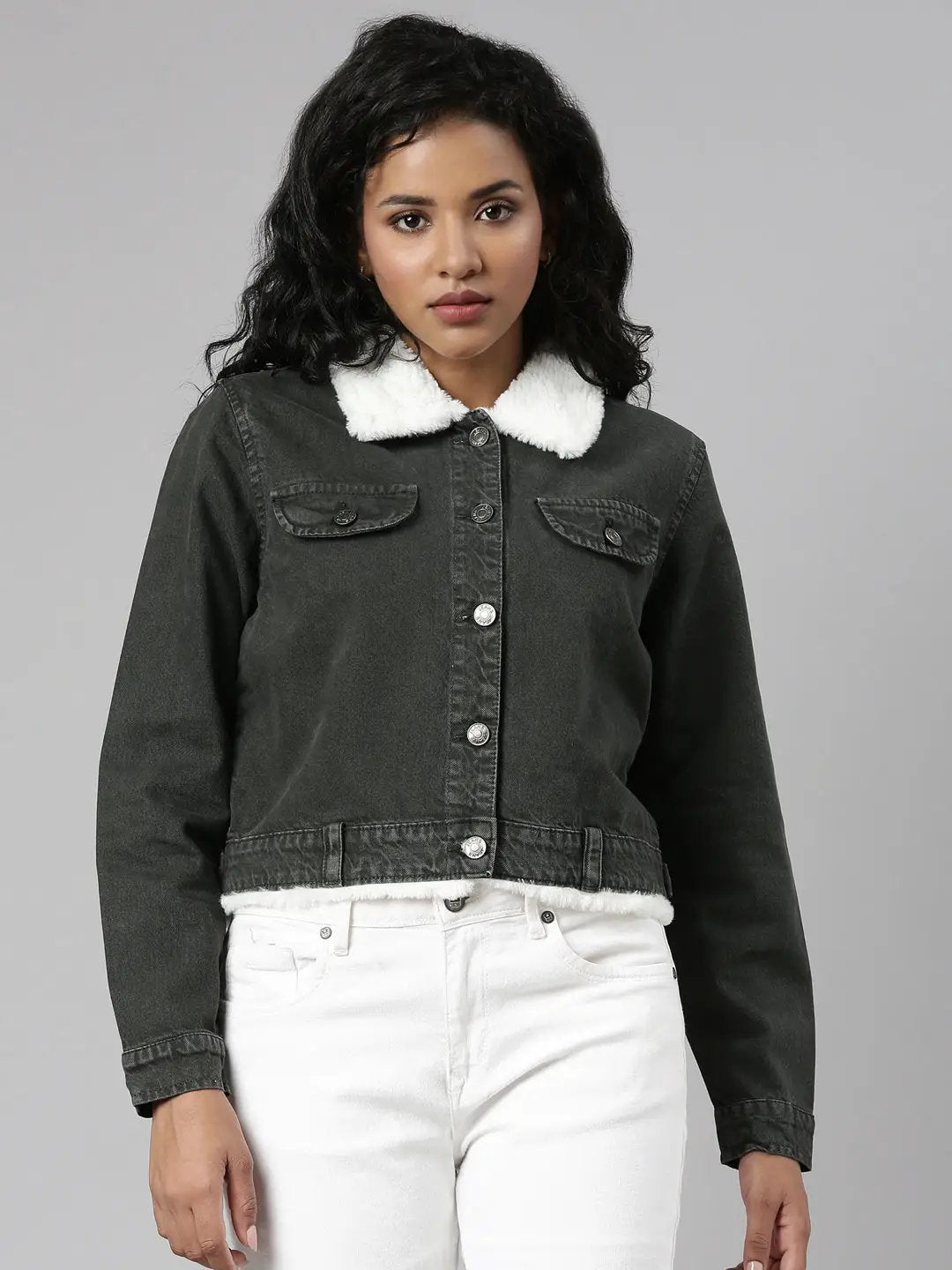 Women's Olive Crop Denim Jacket With Faux Fur Trim