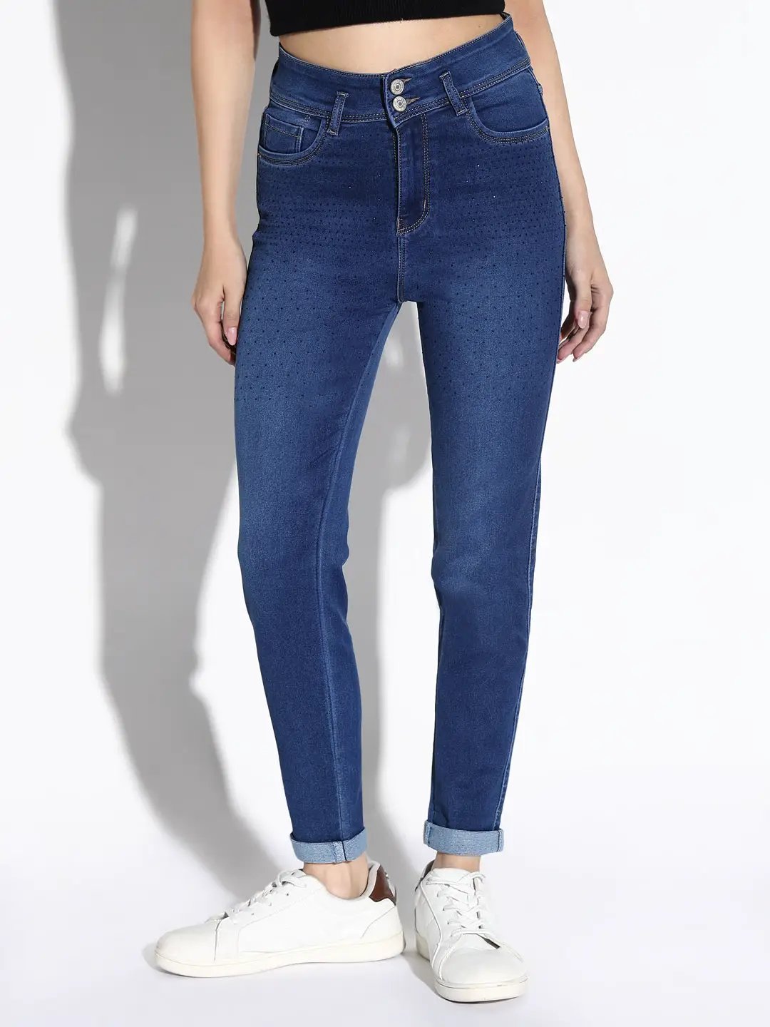 Women's Blue Cotton Comfort Slim Fit Light Fade Embellished Stretchable Jeans