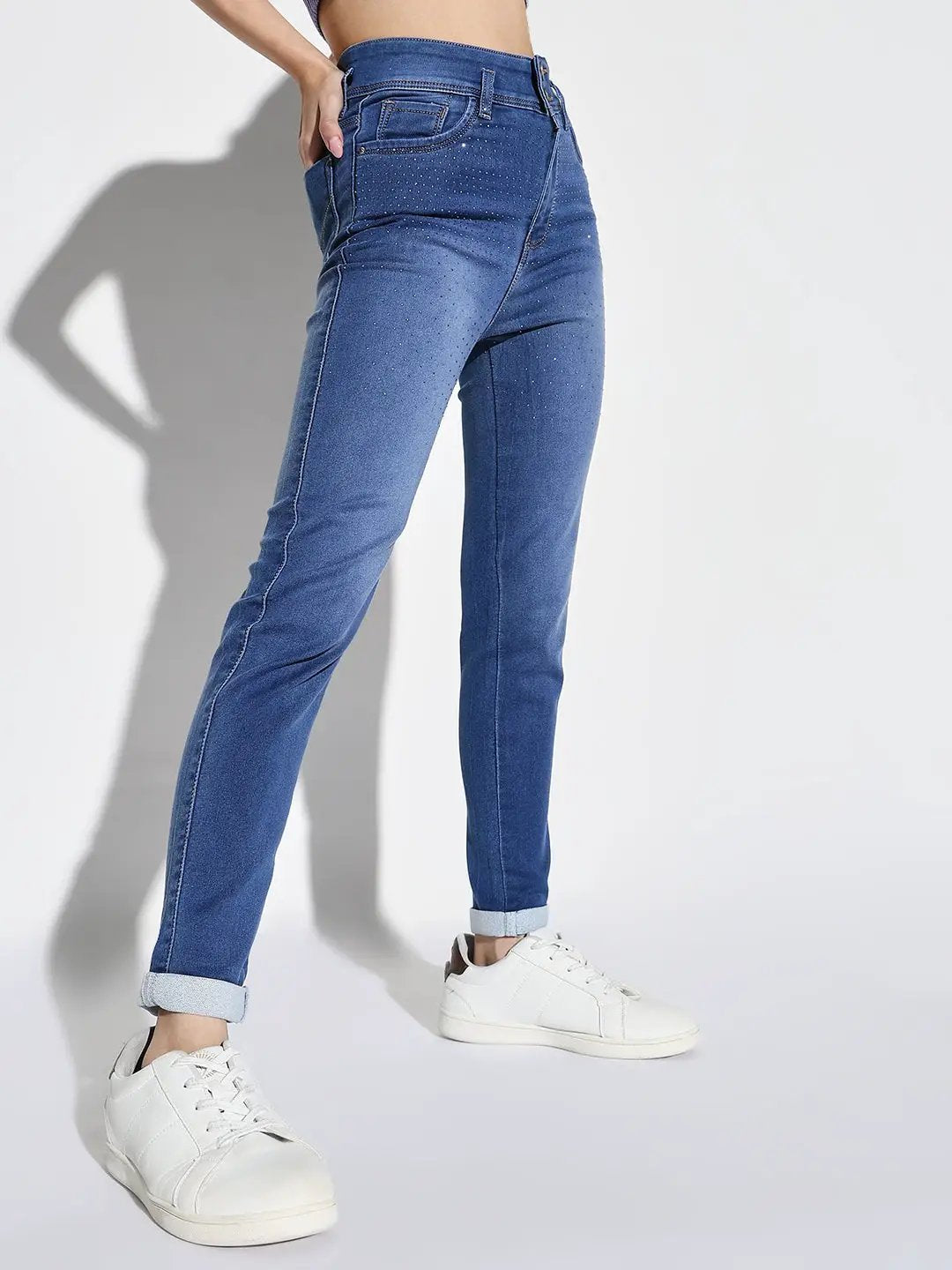 Women's Blue Comfort Slim Fit Light Fade Embellished Stretchable Jeans