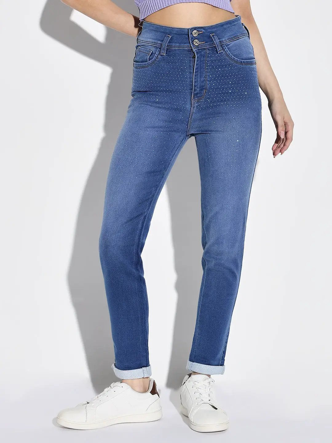 Women's Blue Comfort Slim Fit Light Fade Embellished Stretchable Jeans