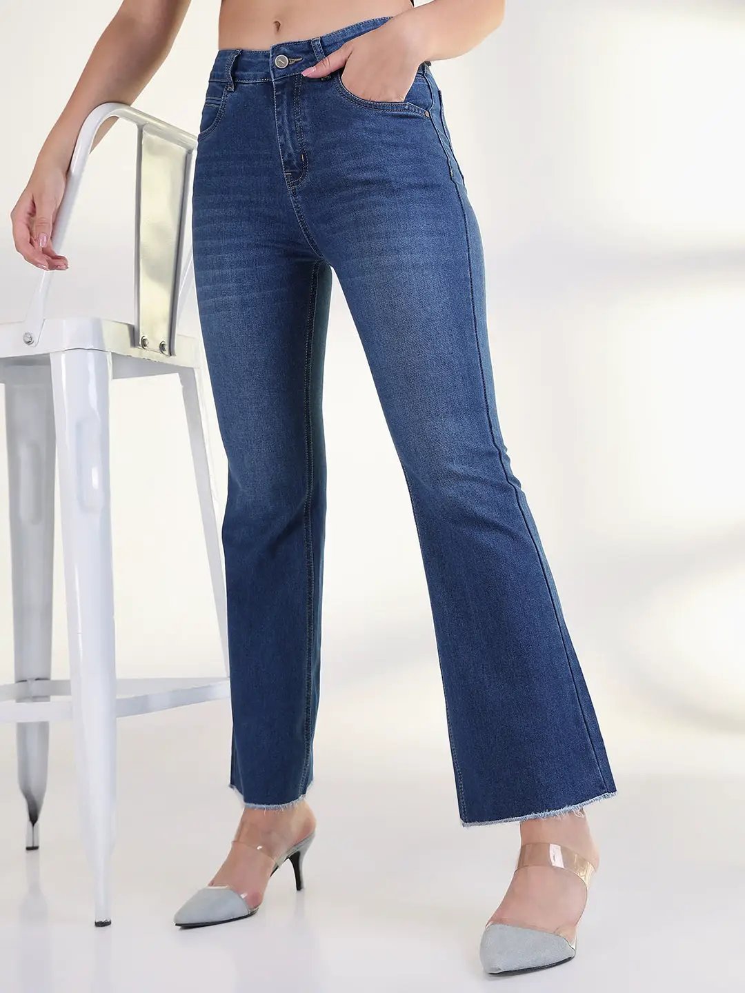 Women's Solid Blue Raw Hem Bootcut Jean