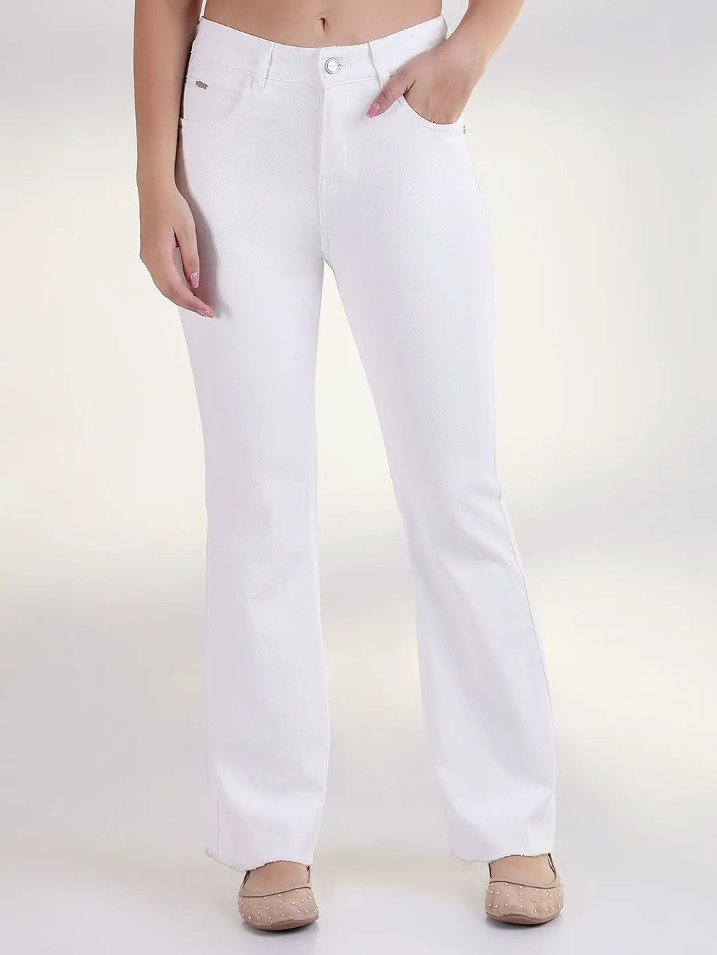 Women's Solid White Raw Hem Bootcut Jean