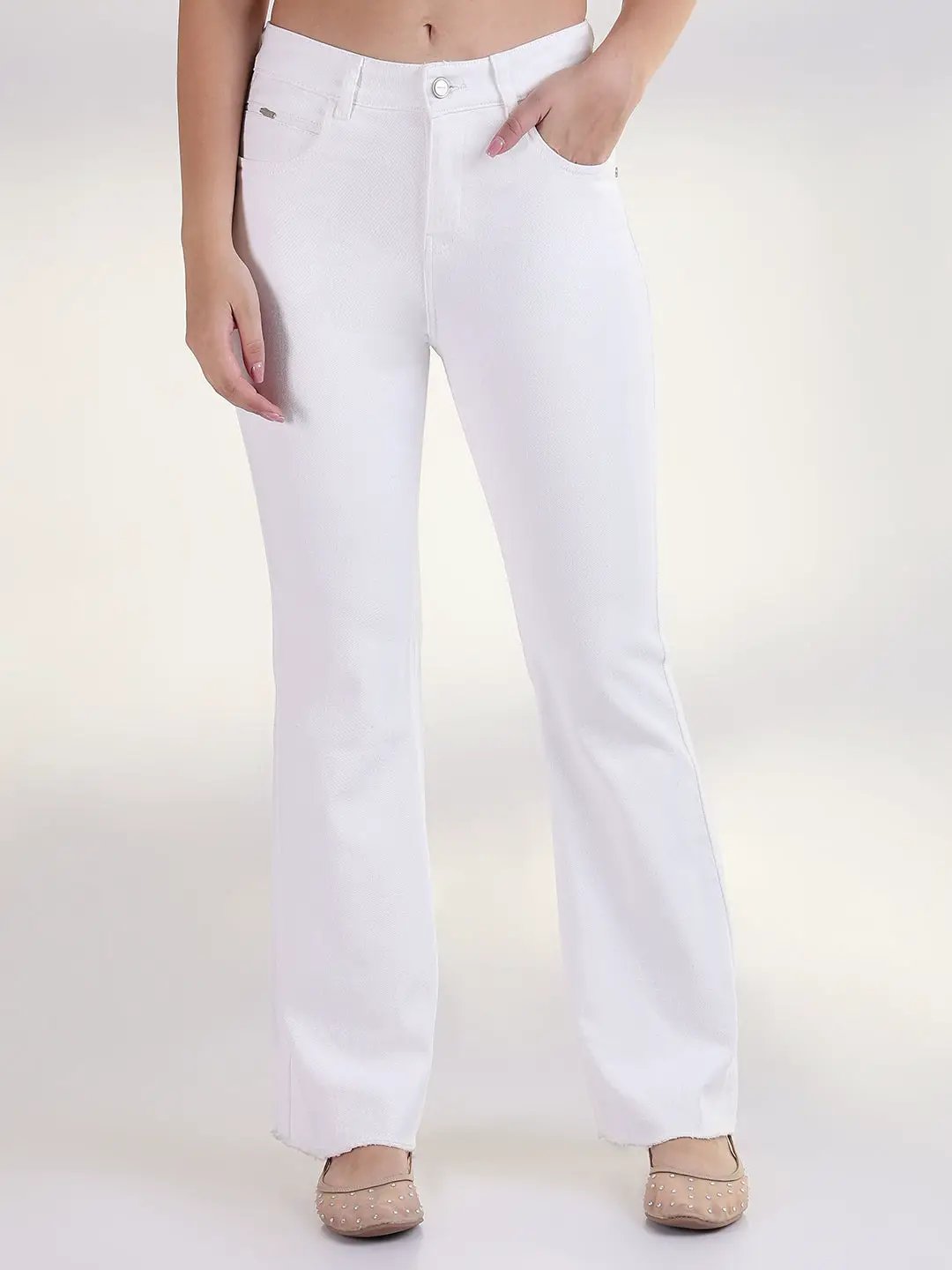 Women's Solid White Raw Hem Bootcut Jean