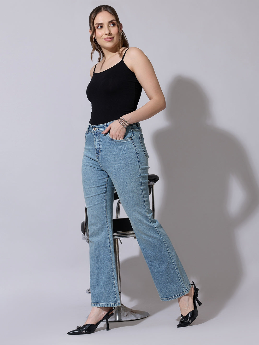 Women's Washed Blue High Waisted Flared Jeans