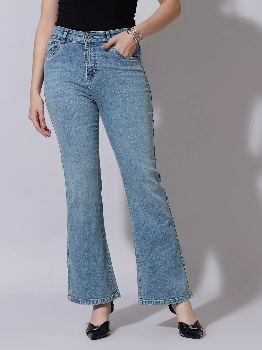 Women's Washed Blue High Waisted Flared Jeans