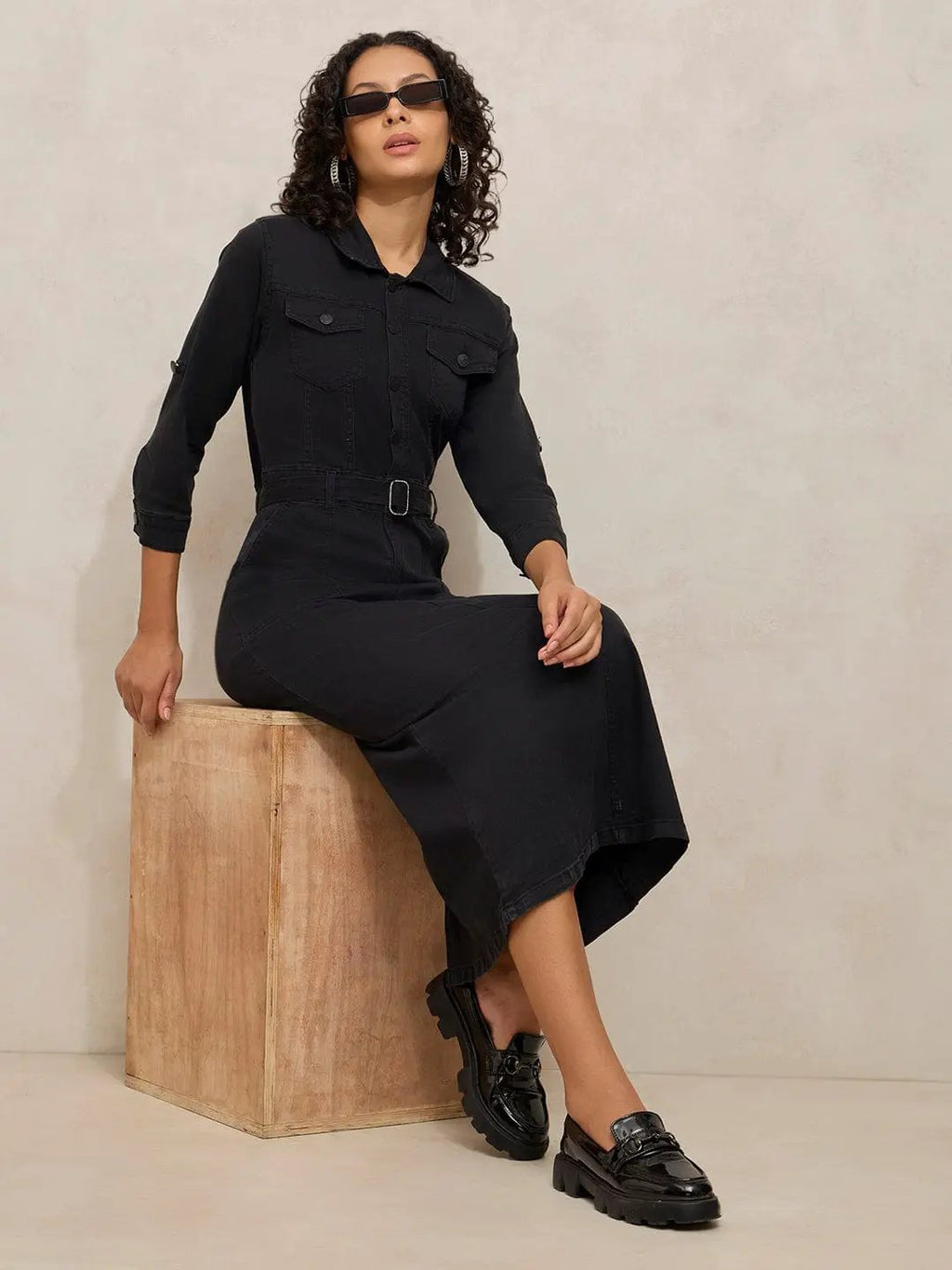 Women's Black Denim Shirt Style Midi Dress with Belt
