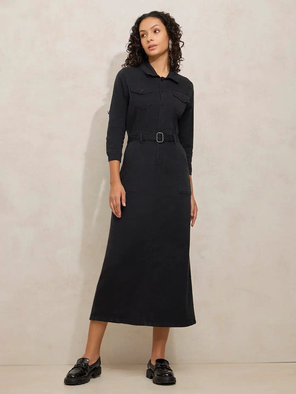 Women's Black Denim Shirt Style Midi Dress with Belt