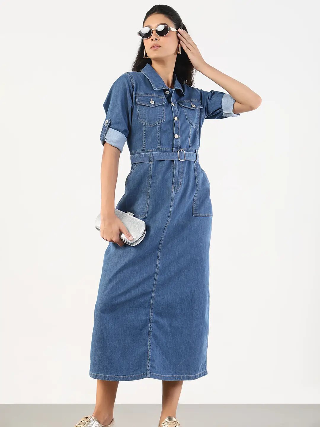 Women's Solid Blue Denim A-Line Midi Dress with Belt