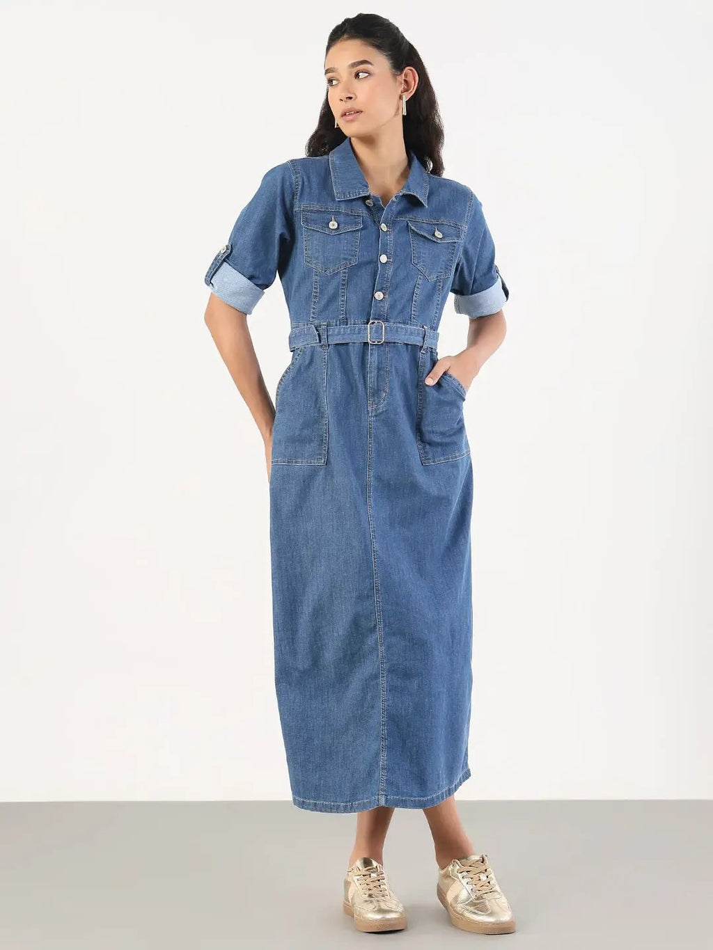 Women's Solid Blue Denim A-Line Midi Dress with Belt