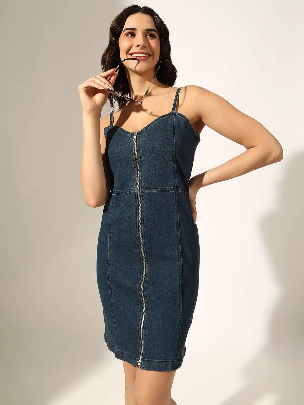 Women's Navy Blue Denim Zip-Front Bodycon Mini Dress