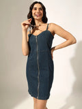 Women's Navy Blue Denim Zip-Front Bodycon Mini Dress