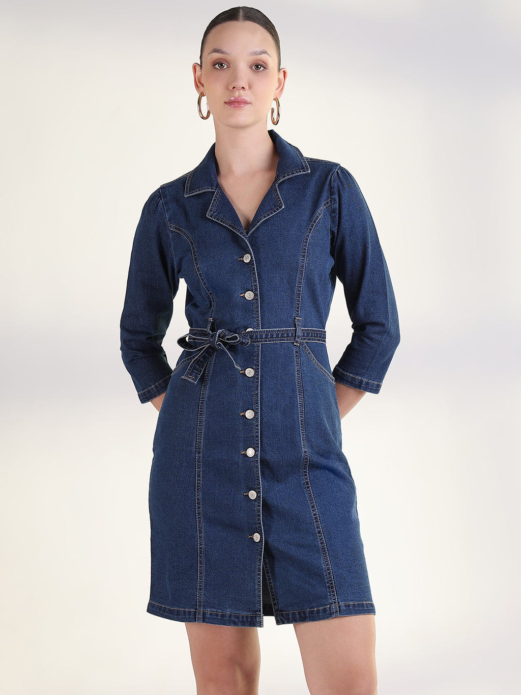Women's Solid Navy Blue Shirt Above Knee Denim Dress with Fabric Belt