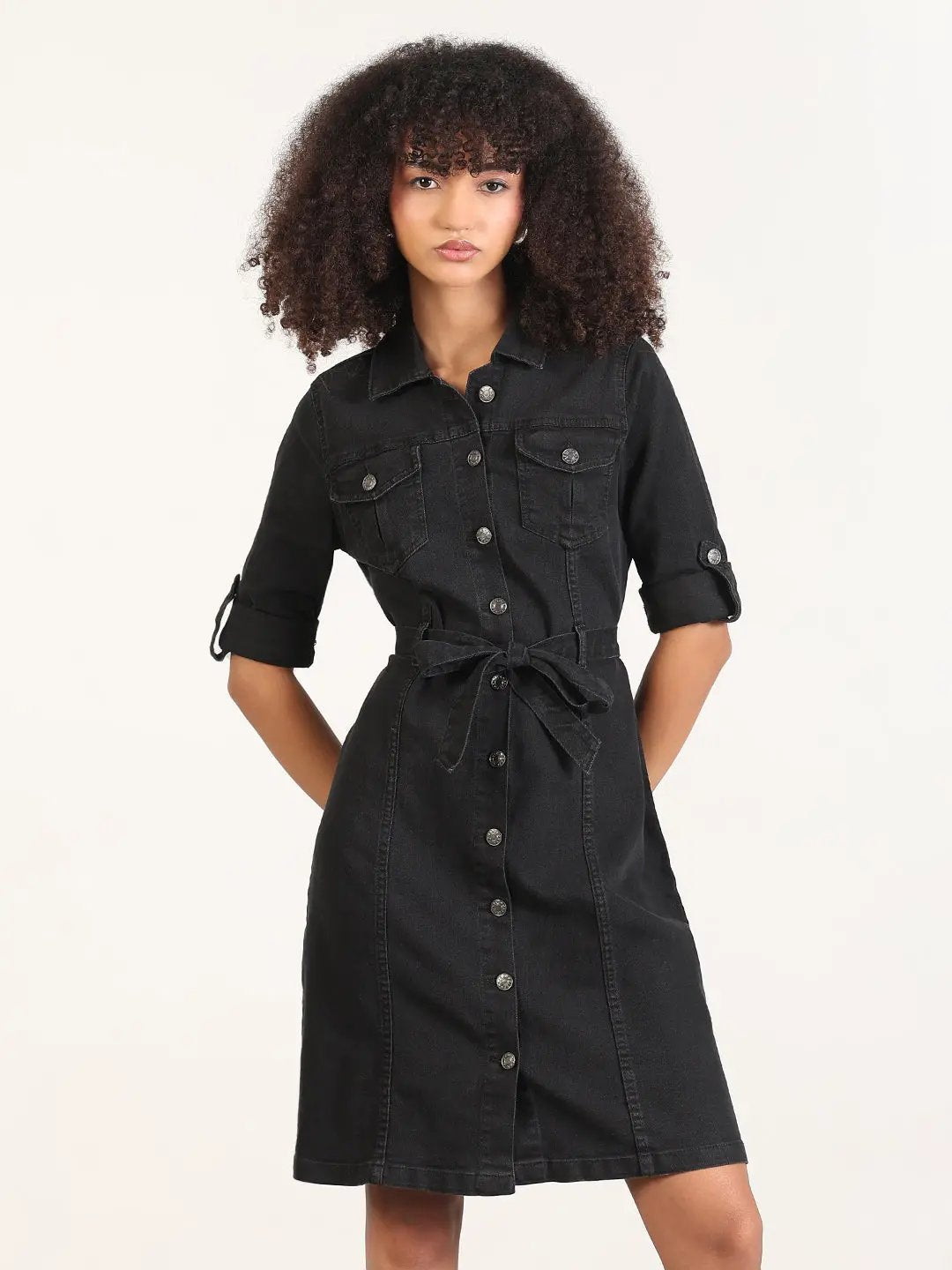 Women's Solid Black Shirt Knee Length Denim Dress with Fabric Belt