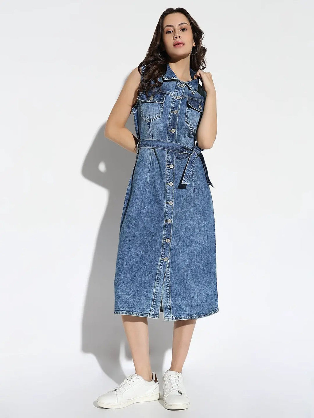 Women's Solid Blue Shirt Dress with Belt