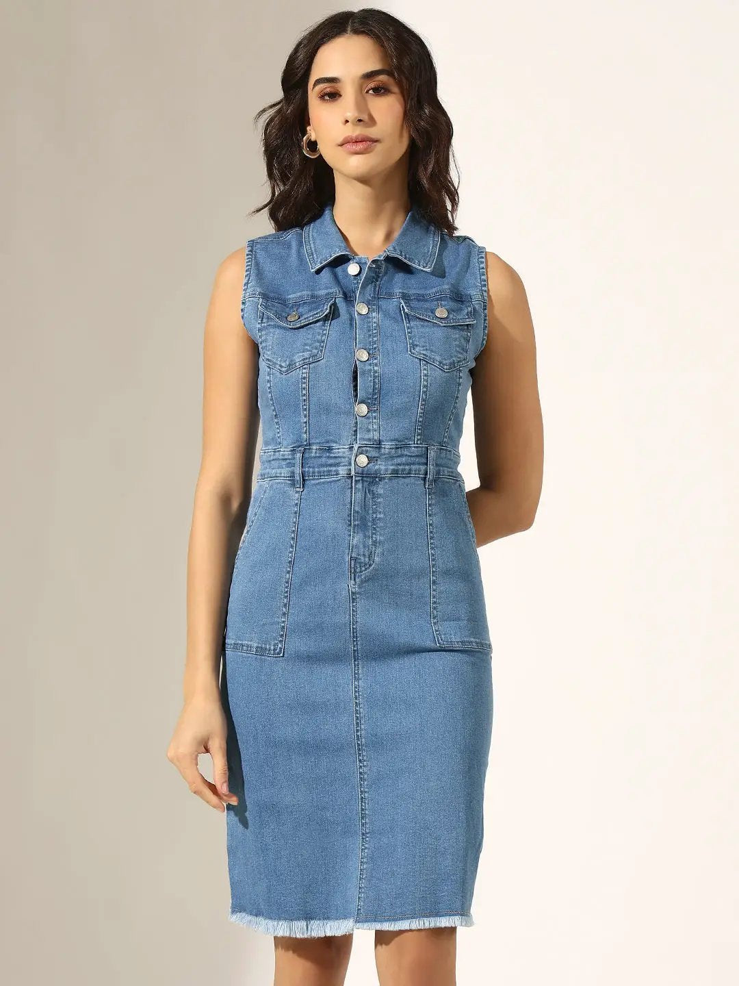 Women's Blue Denim Sleeveless Button-Down Shirt Collar Dress
