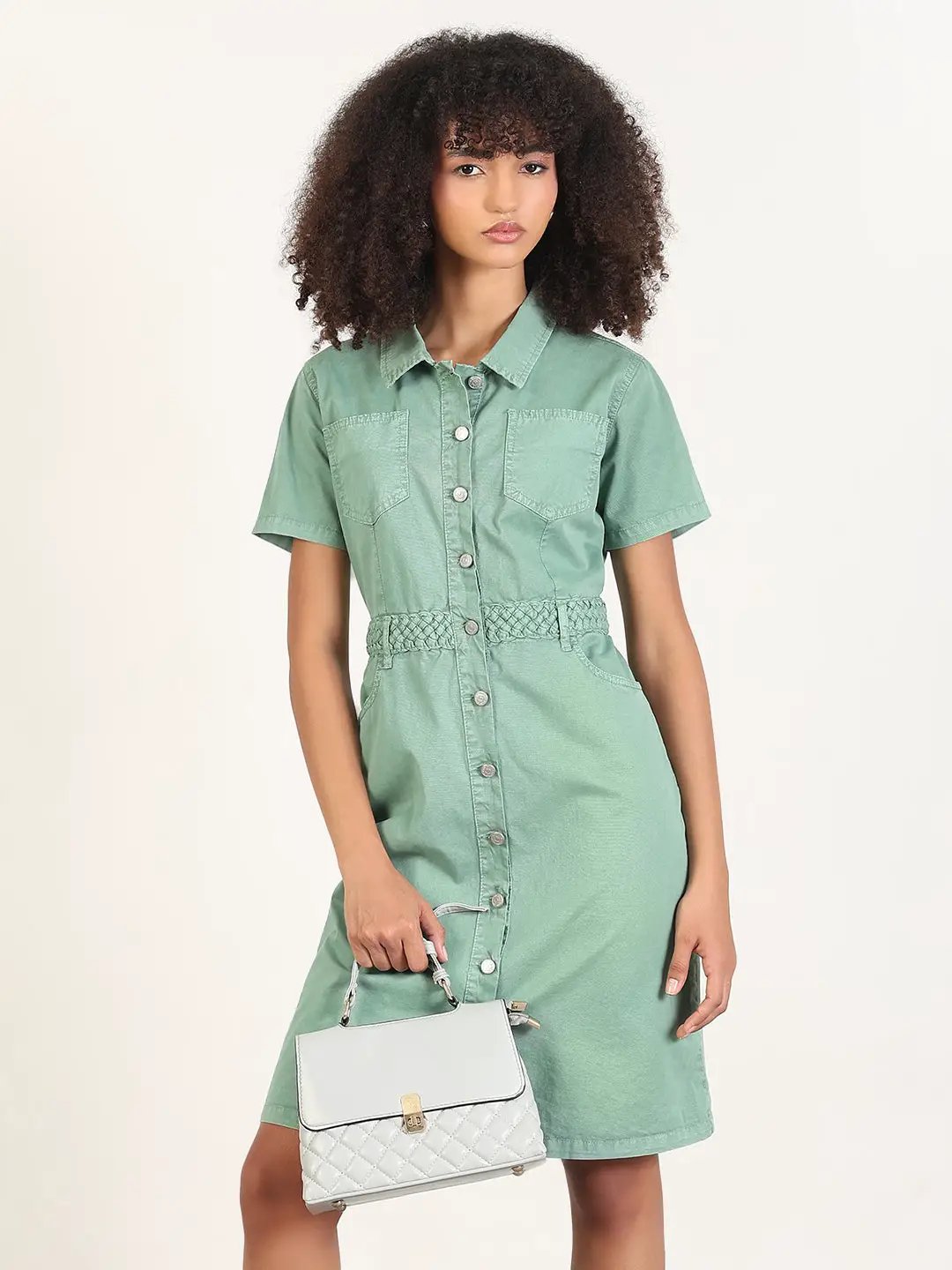 Women's Solid Green A-Line Knee Length Denim Dress