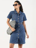 Women's Solid Blue Denim A-Line Above Knee Dress