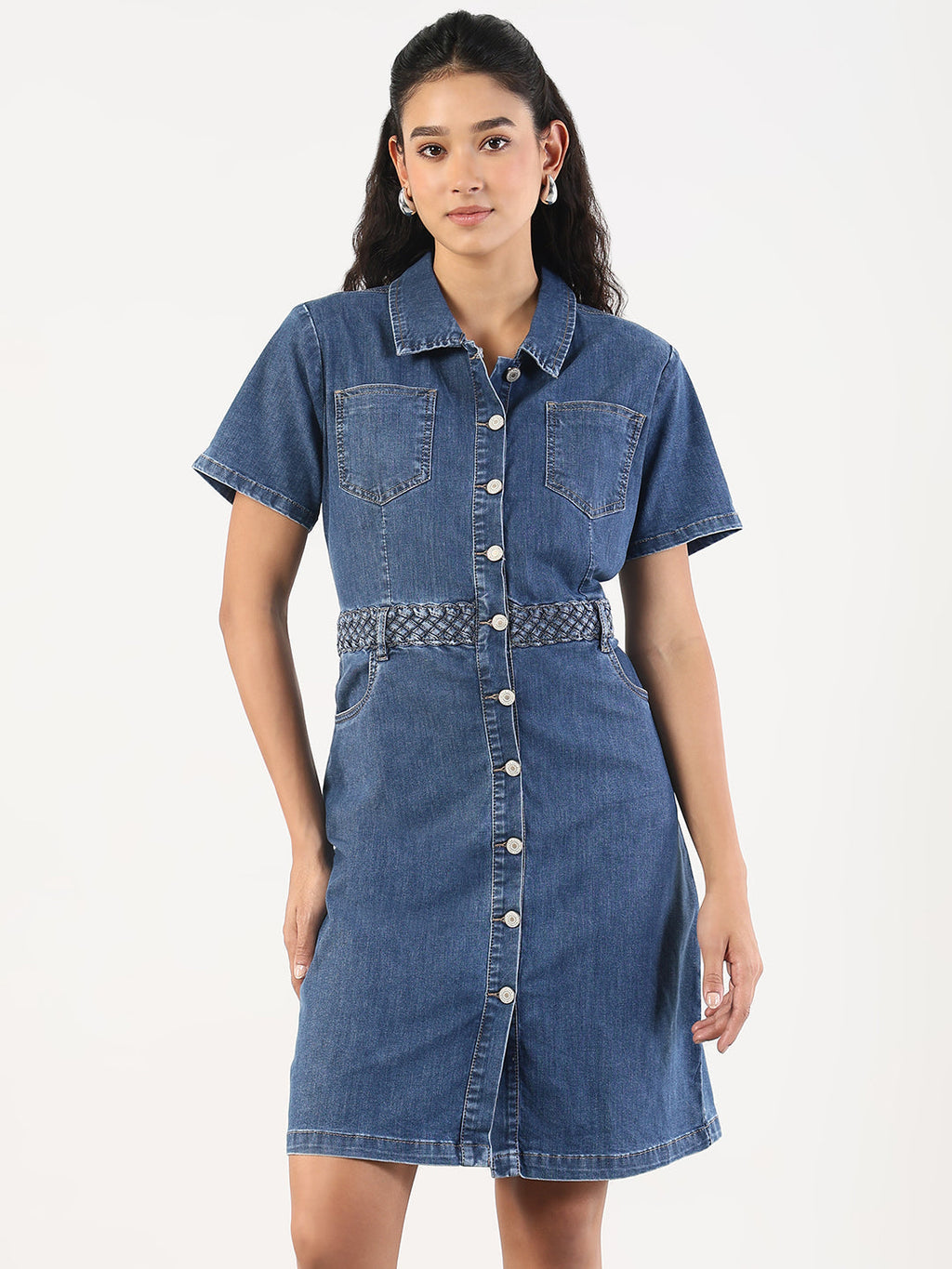 Women's Solid Blue Denim A-Line Above Knee Dress