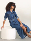 Women's Solid Blue Shirt Midi Denim Dress