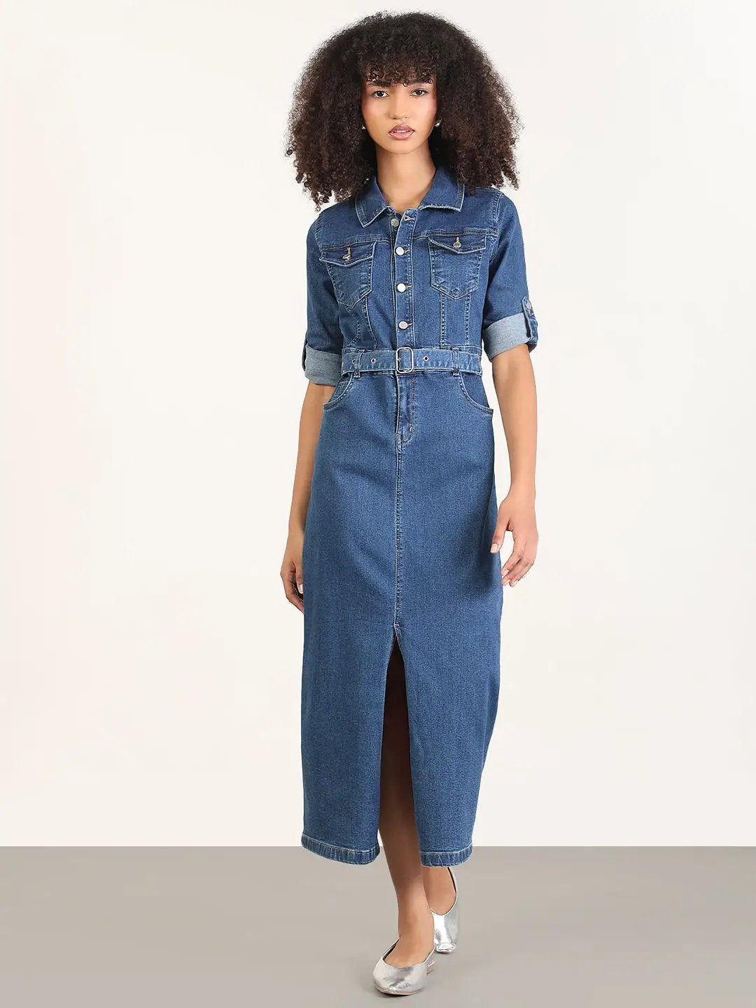Women's Solid Blue Shirt Midi Denim Dress