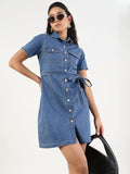 Women's Solid Blue Denim A-Line Dress with Fabric Belt