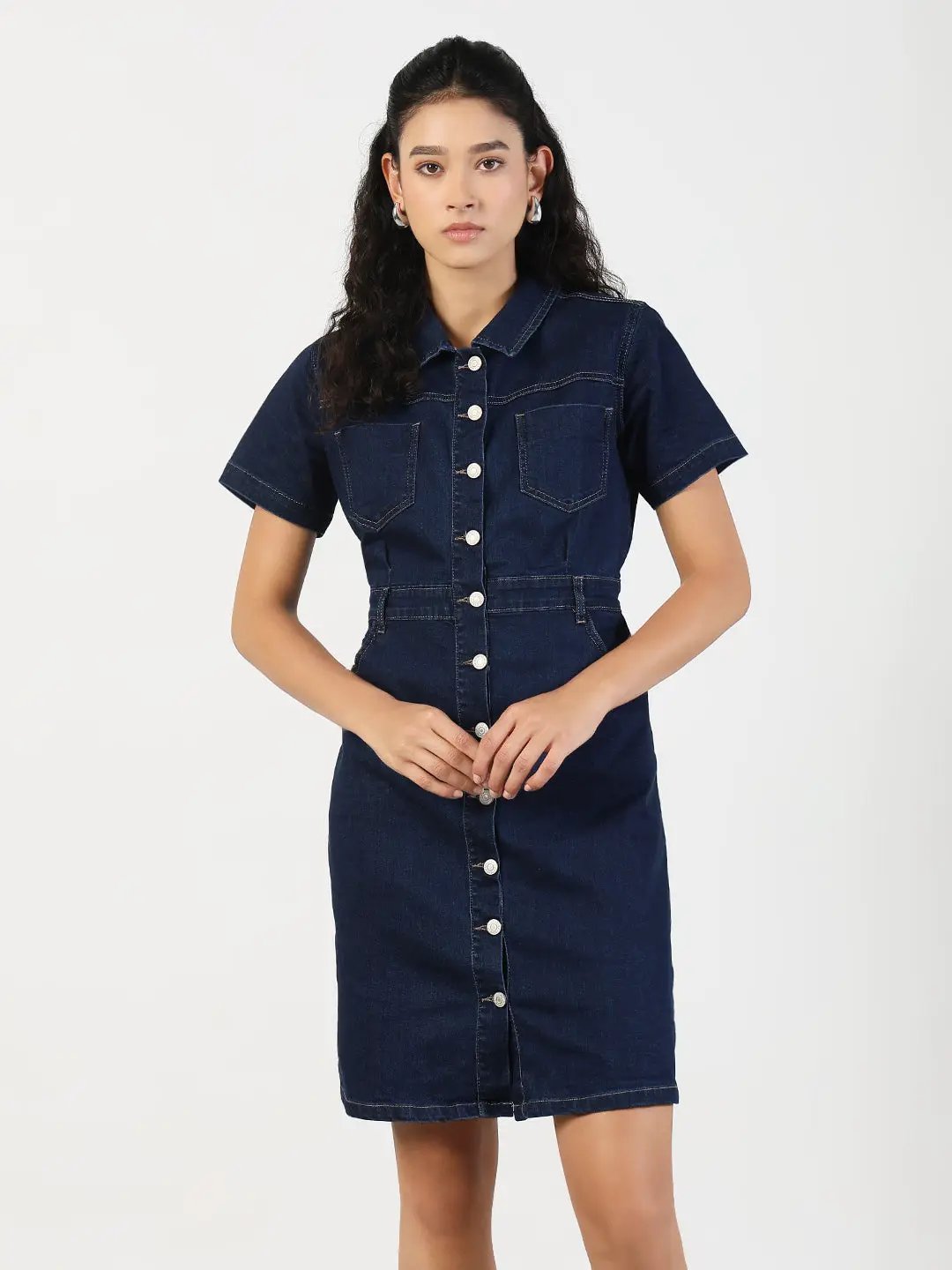 Women's Solid Navy Blue Denim A-Line Dress