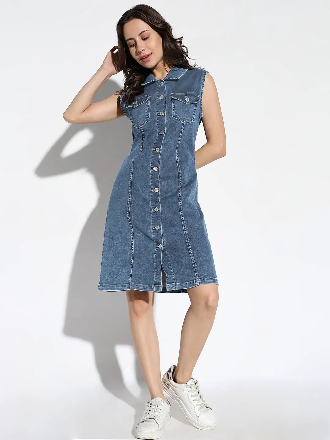 Women's Solid Blue Sleeveless A-Line Denim Dress
