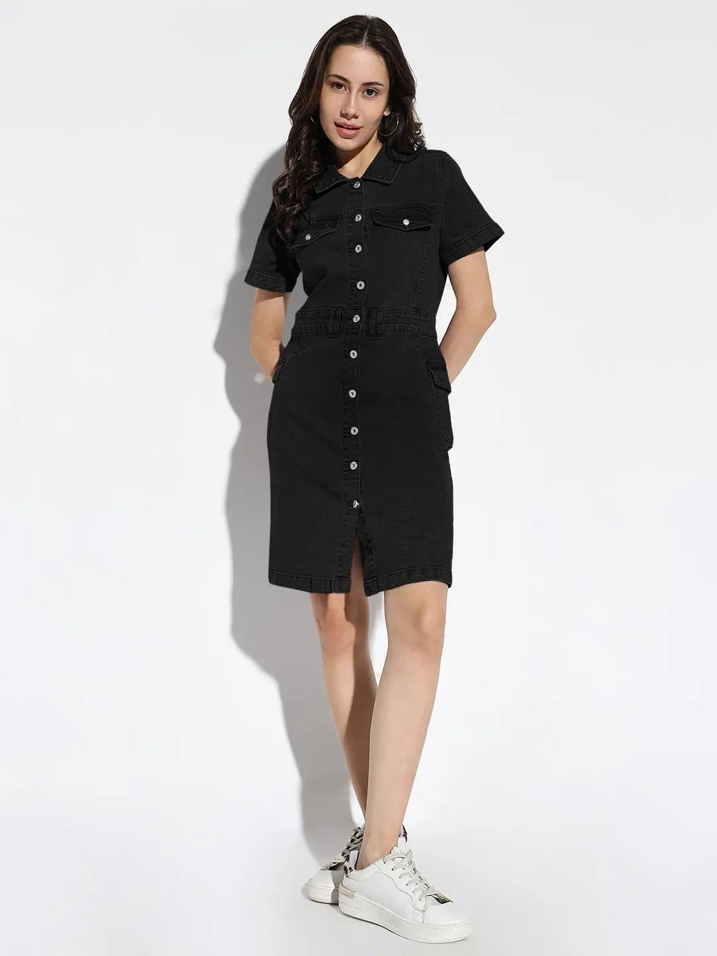 Women's Black Denim Short Sleeve Knee Length Shirt Dress with Utility Pockets