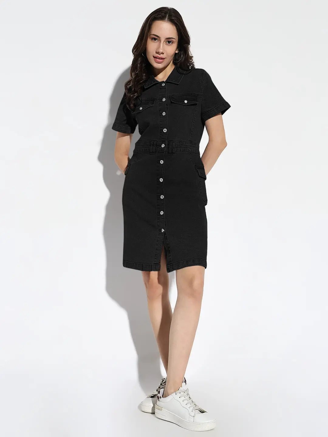 Women's Black Denim Short Sleeve Knee Length Shirt Dress with Utility Pockets