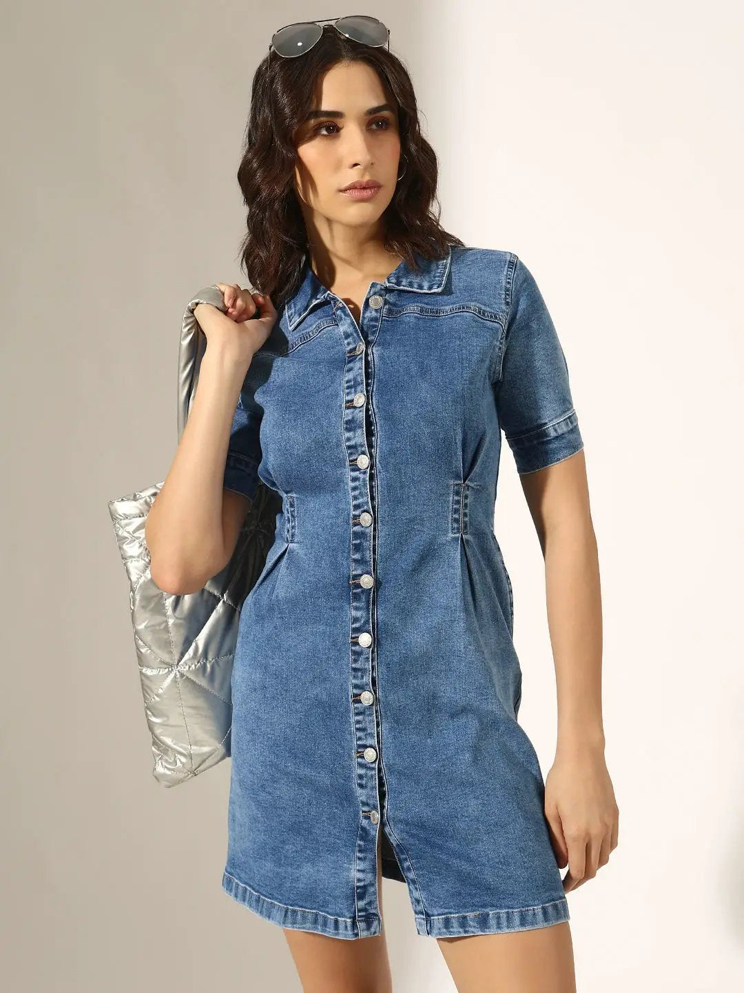 Women's Blue Button-Up Short Sleeve Denim Dress with Waist Darts