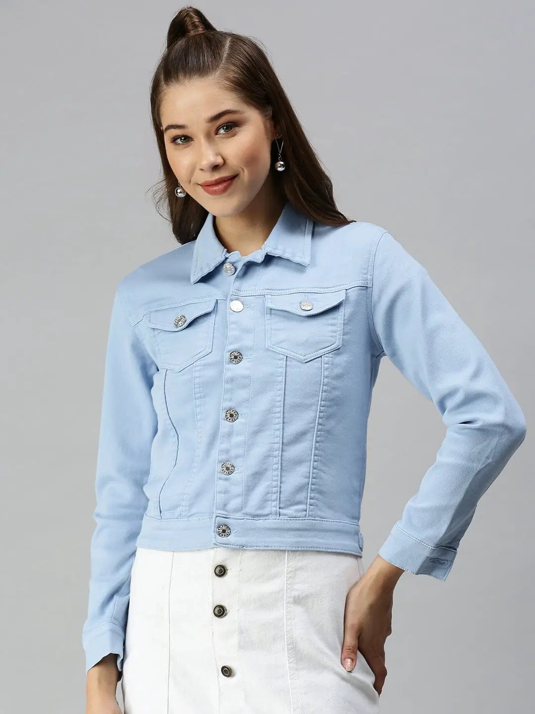 Women's Spread Collar Long Sleeves Blue Denim Jacket