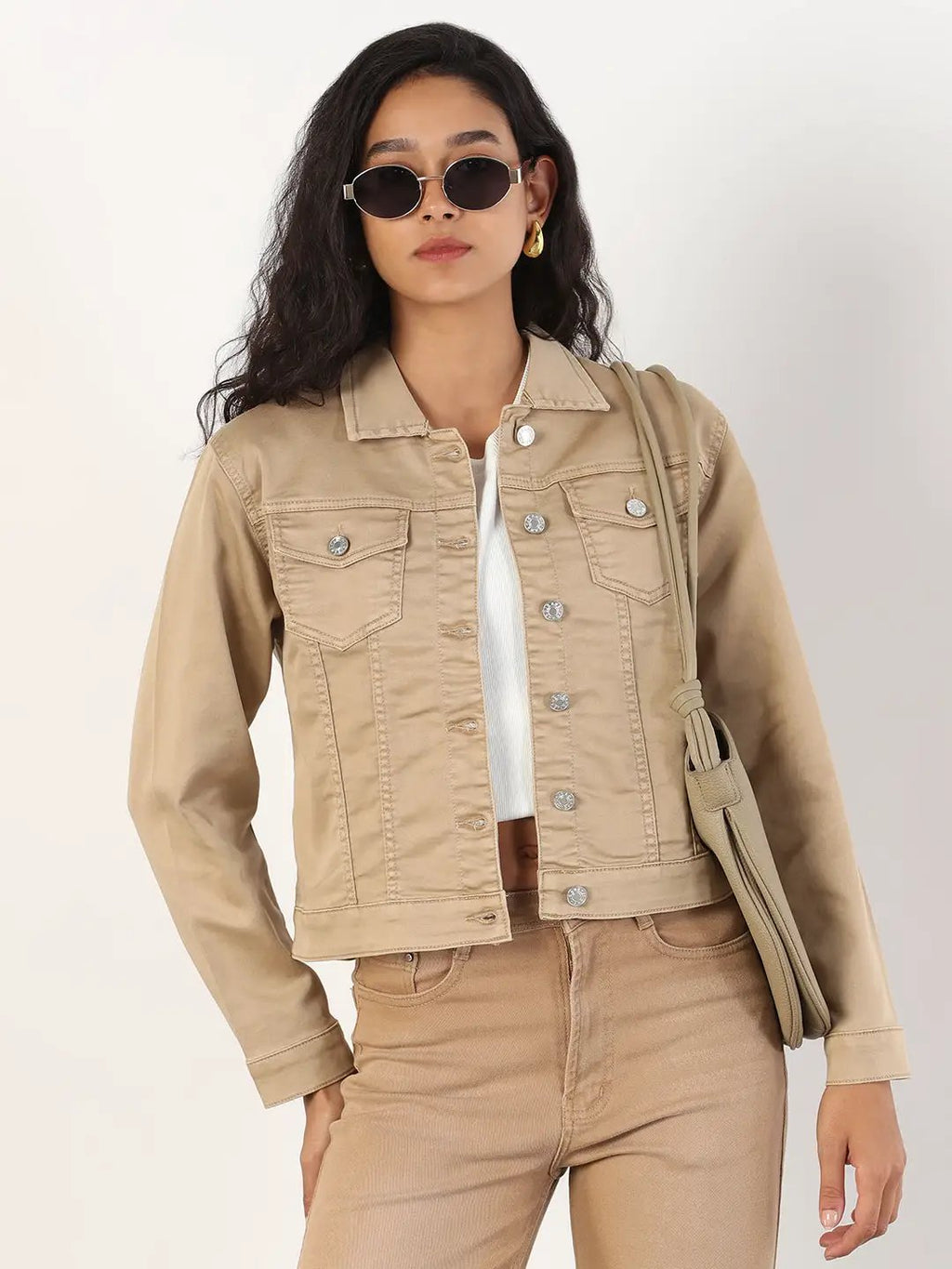 Women's Spread Collar Khaki Solid Denim Jacket