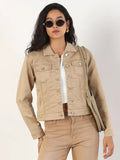 Women's Spread Collar Khaki Solid Denim Jacket