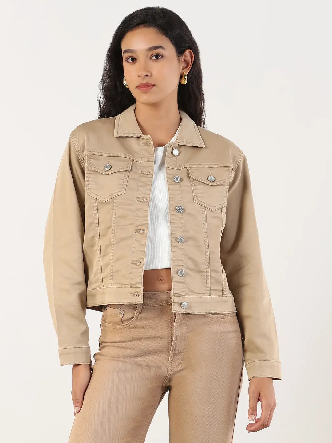 Women's Spread Collar Khaki Solid Denim Jacket