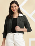Women's Grey Washed Crop Denim Jacket With Faux Fur Trim