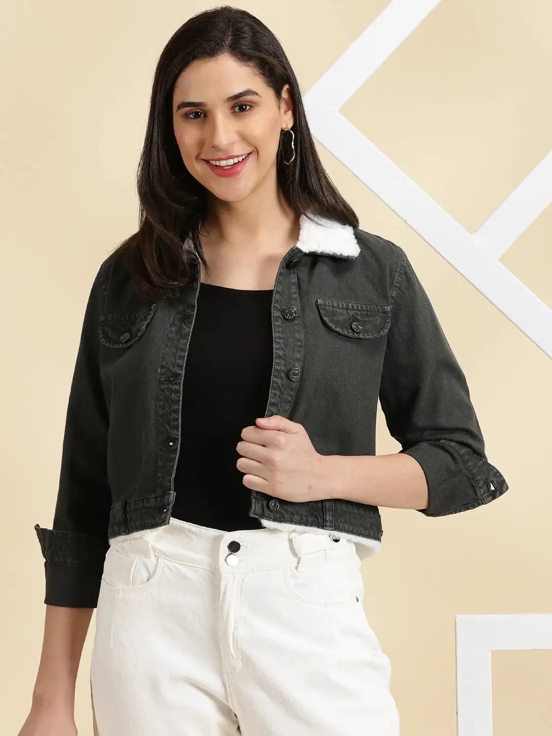 Women's Grey Washed Crop Denim Jacket With Faux Fur Trim