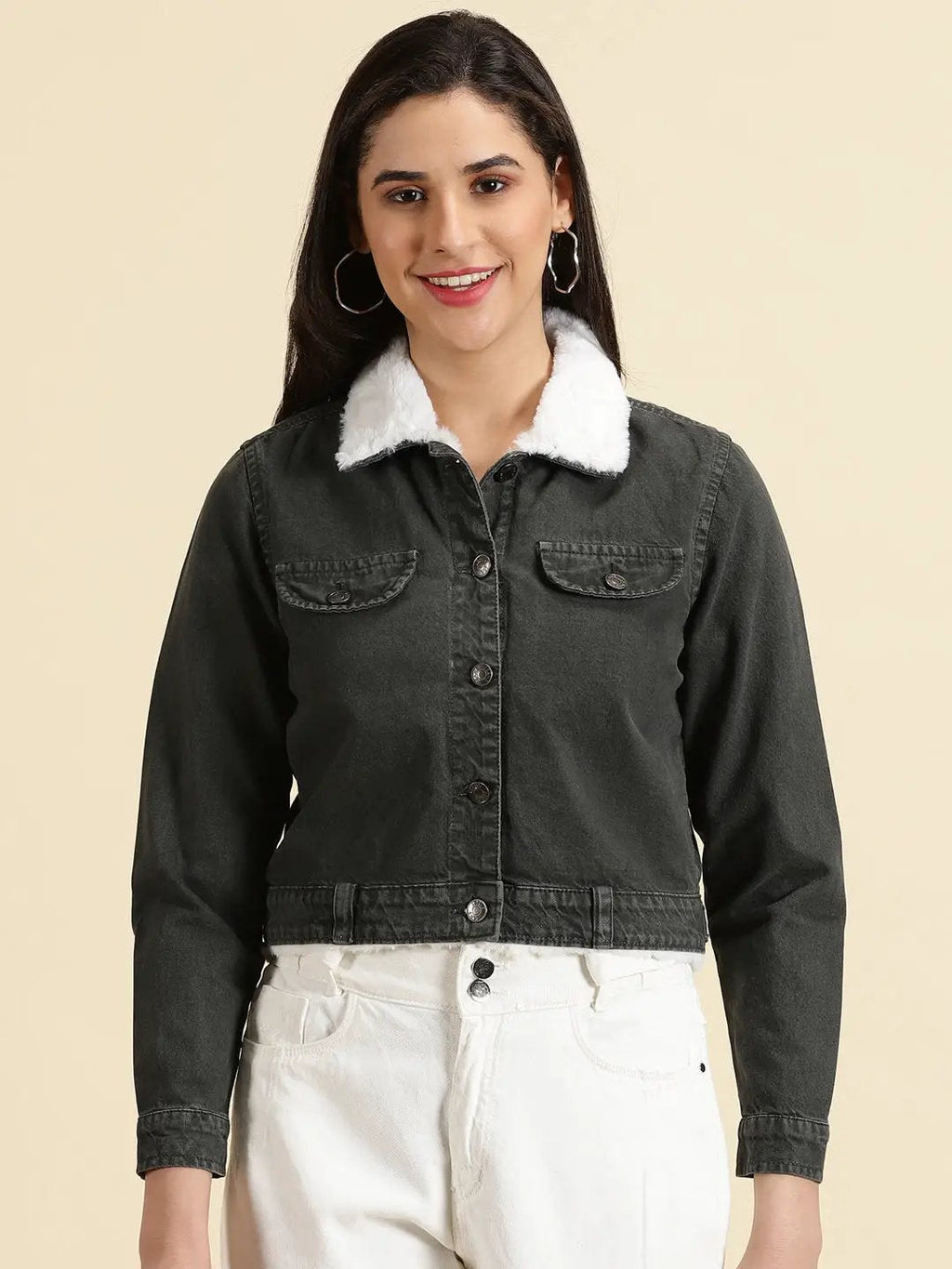 Women's Grey Washed Crop Denim Jacket With Faux Fur Trim