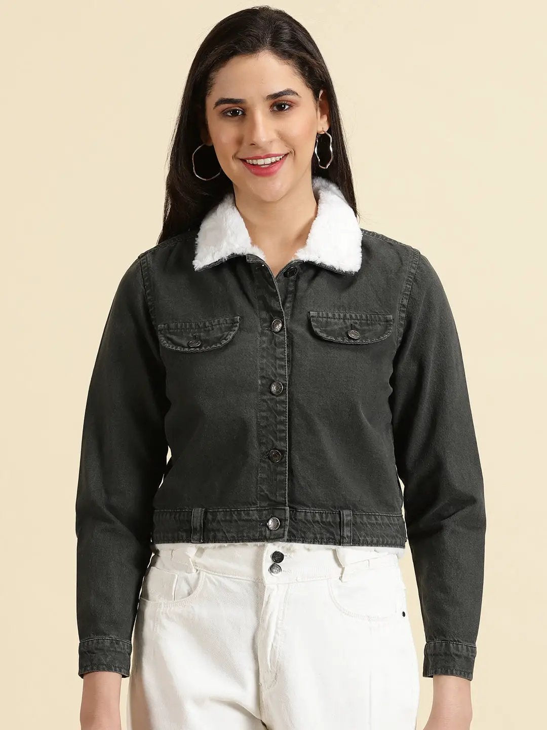 Women's Grey Washed Crop Denim Jacket With Faux Fur Trim