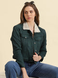 Women's Green Fleece Crop Tailored Jacket With Faux Fur Trim