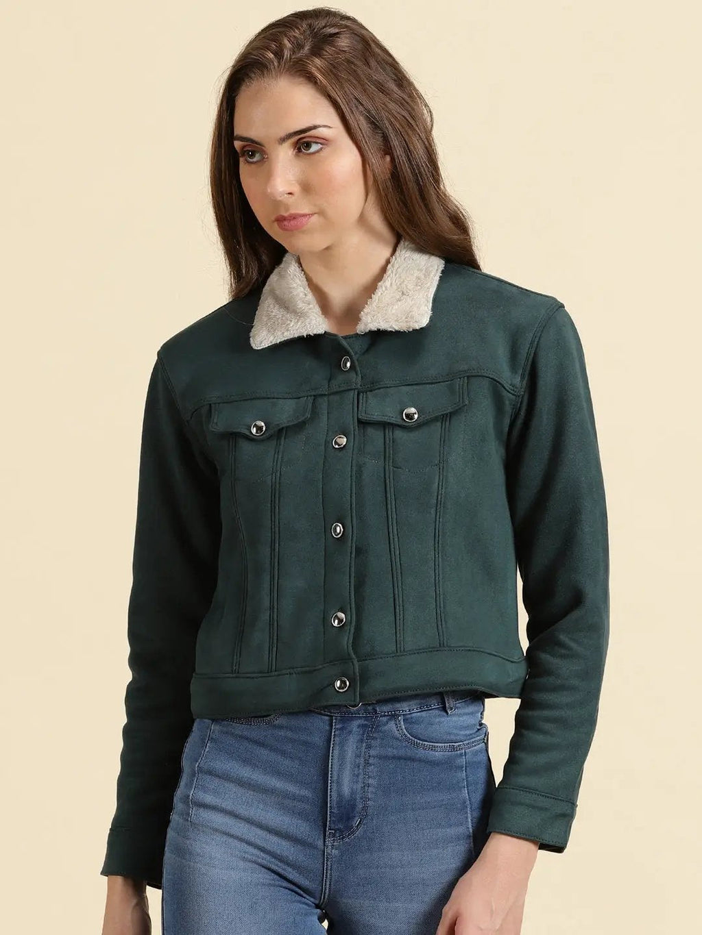 Women's Green Fleece Crop Tailored Jacket With Faux Fur Trim