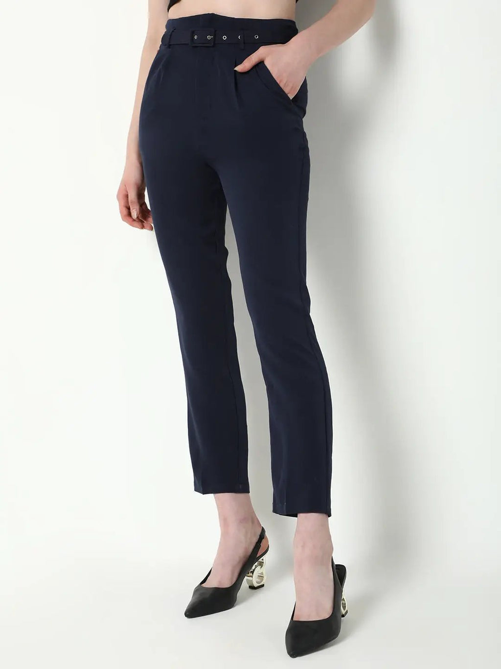 Women's Navy Blue Solid Formal Trousers with Belt