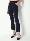 Women's Navy Blue Solid Formal Trousers with Belt